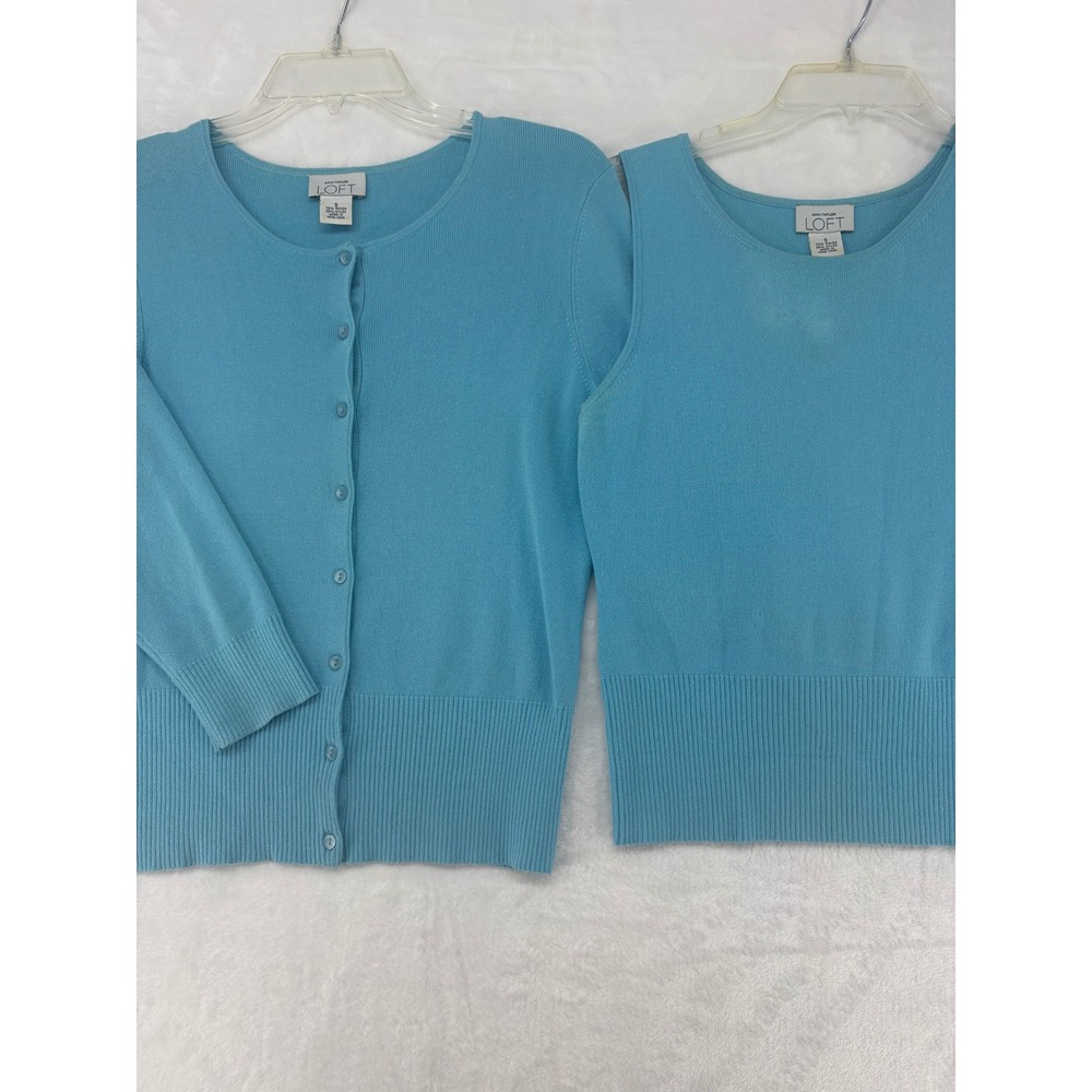 Ann Taylor LOFT Twin Set Womens S Cardigan Shell Blue Rayon Blend 2pc Sweater